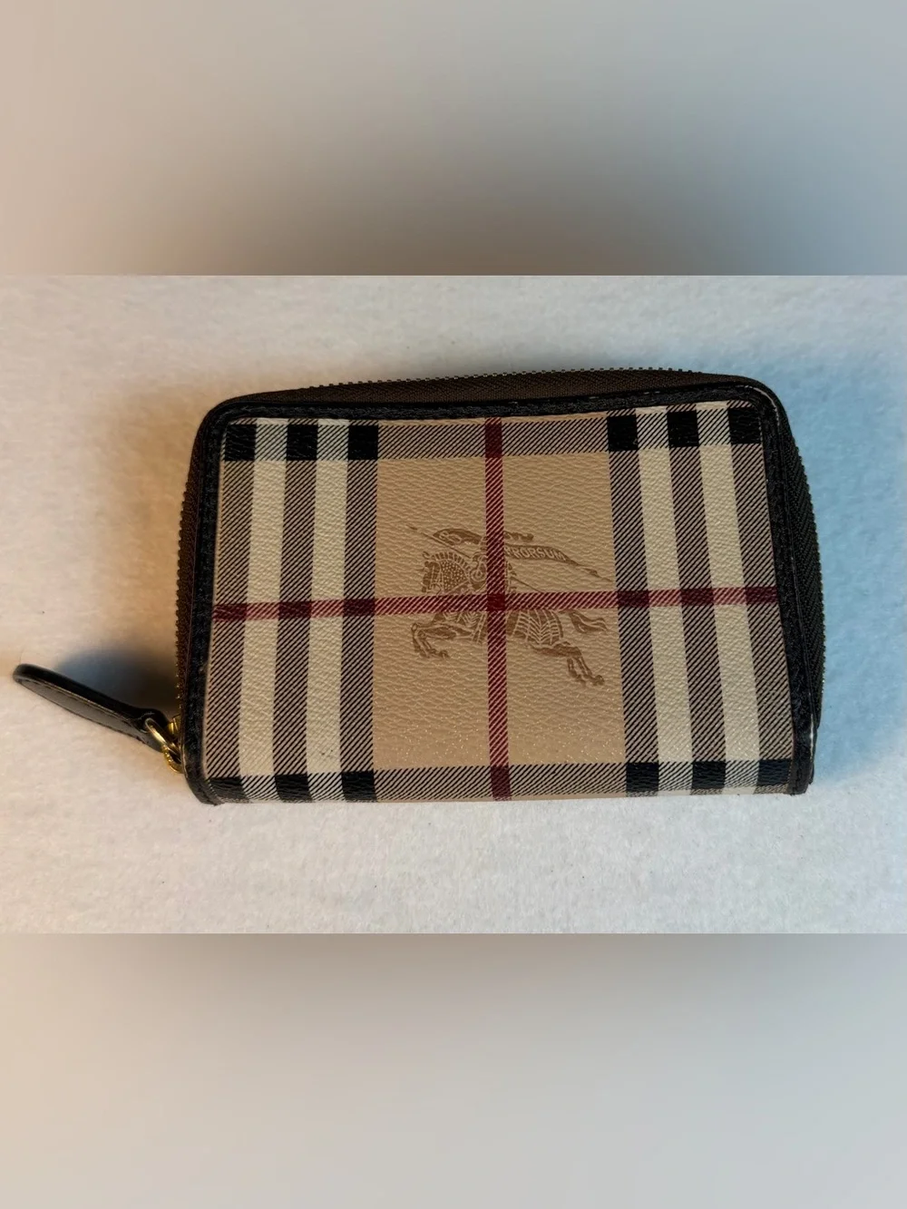 Burberry Haymarket Check Zip Around Wallet Black Leather Equestrian Knight